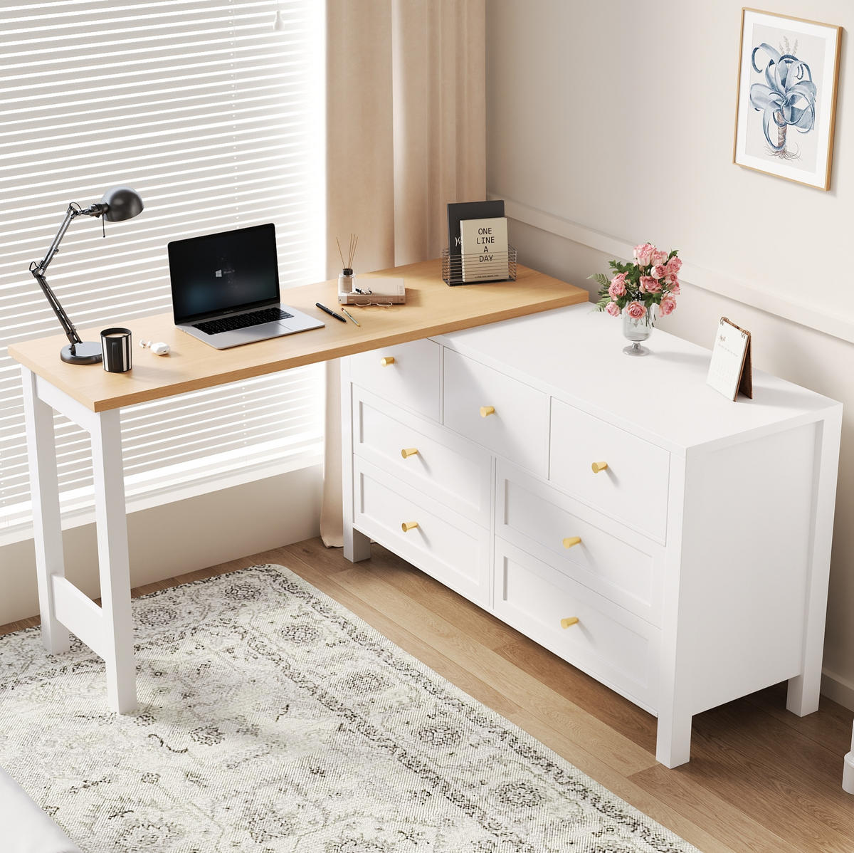PSACÍ stůl z dřevotřísky 120x40x70 cm bílý/dubový dekor s otočnou deskou 360° a 7 zásuvkami, 2 v 1 - bílá, kompozitní dřevo (120/70/40cm) - Modfu