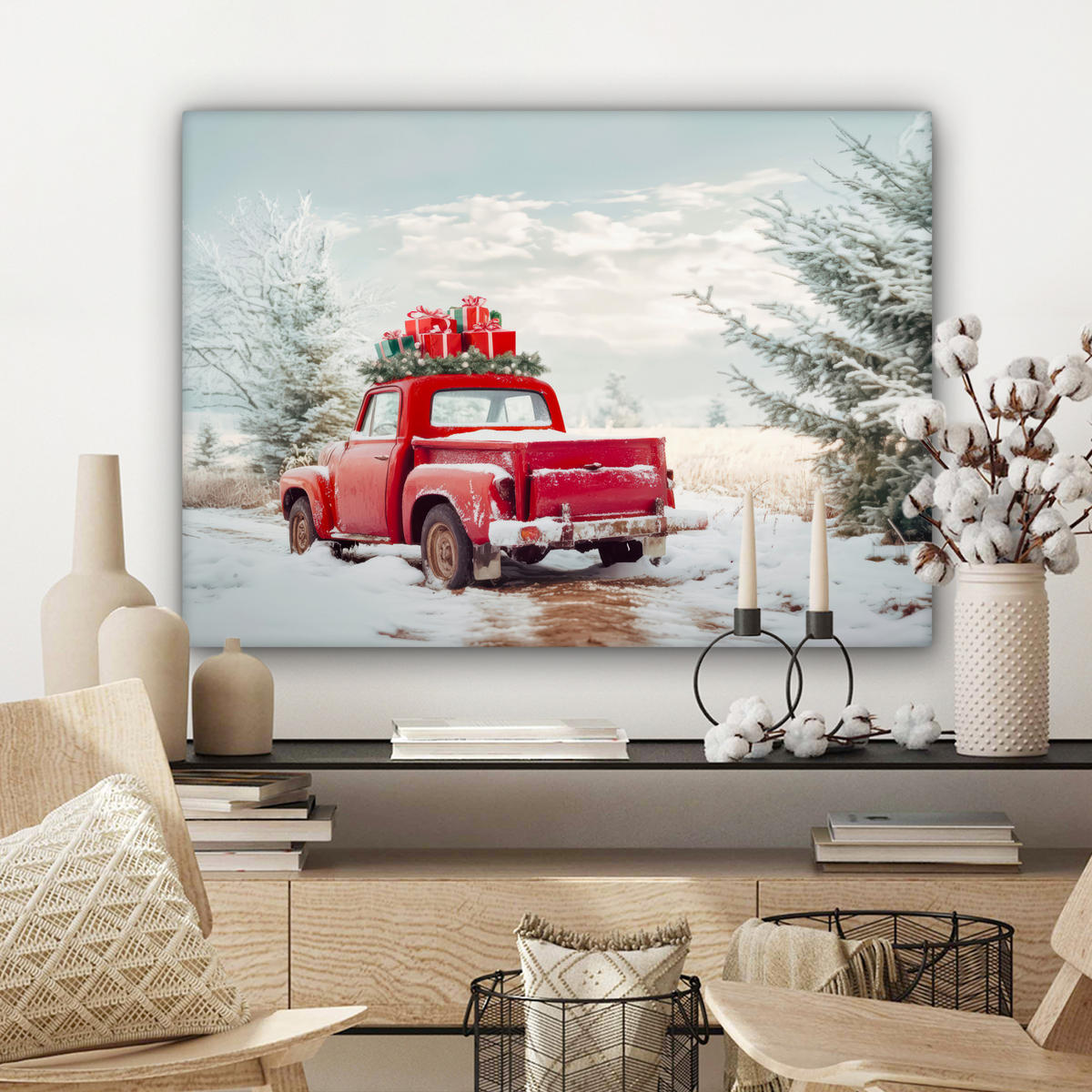 LEINWANDBILD Auto - Rot - Geschenke - Winter - Schnee - Weihnachten Wandbilder 80x60 cm - Rot, Textil (80/60cm) - MuchoWow