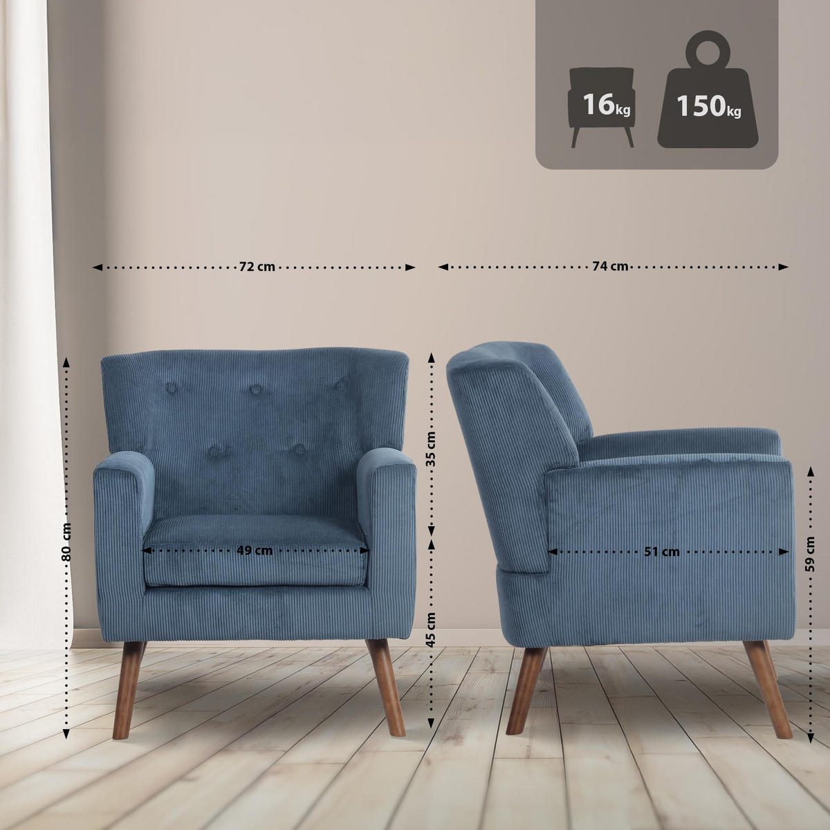 SESSEL Cord Blau - Blau/Braun, Holz/Textil (72/80/74cm) - CLP