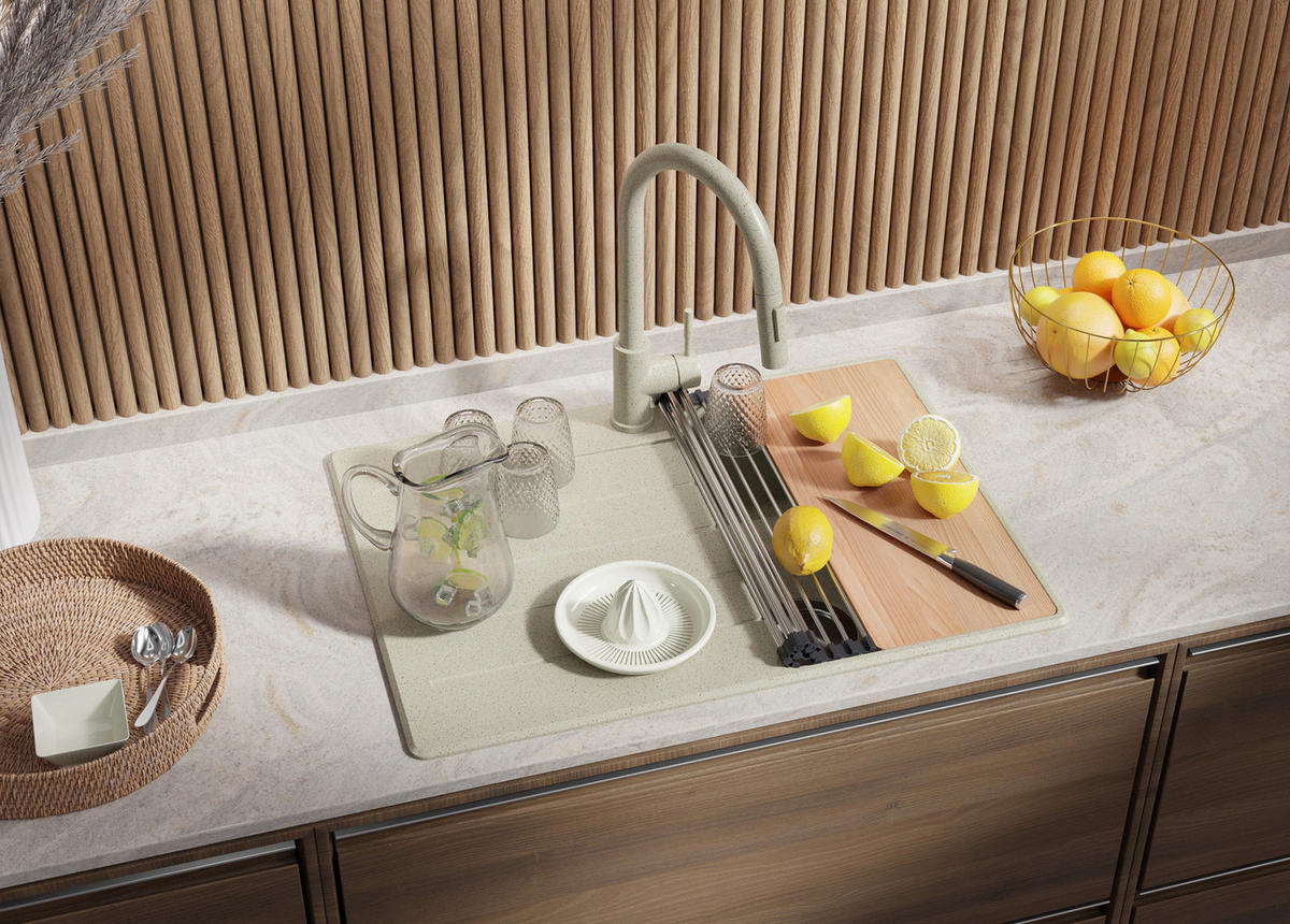 SPÜLBECKEN Kopenhagen, 2-er set Beige 70/50 cm 1 Becken + Ablauf-Set + Schneidebrett ab 40er Unterschrank - Beige, Kunststoff (70/20/50cm) - Primagran