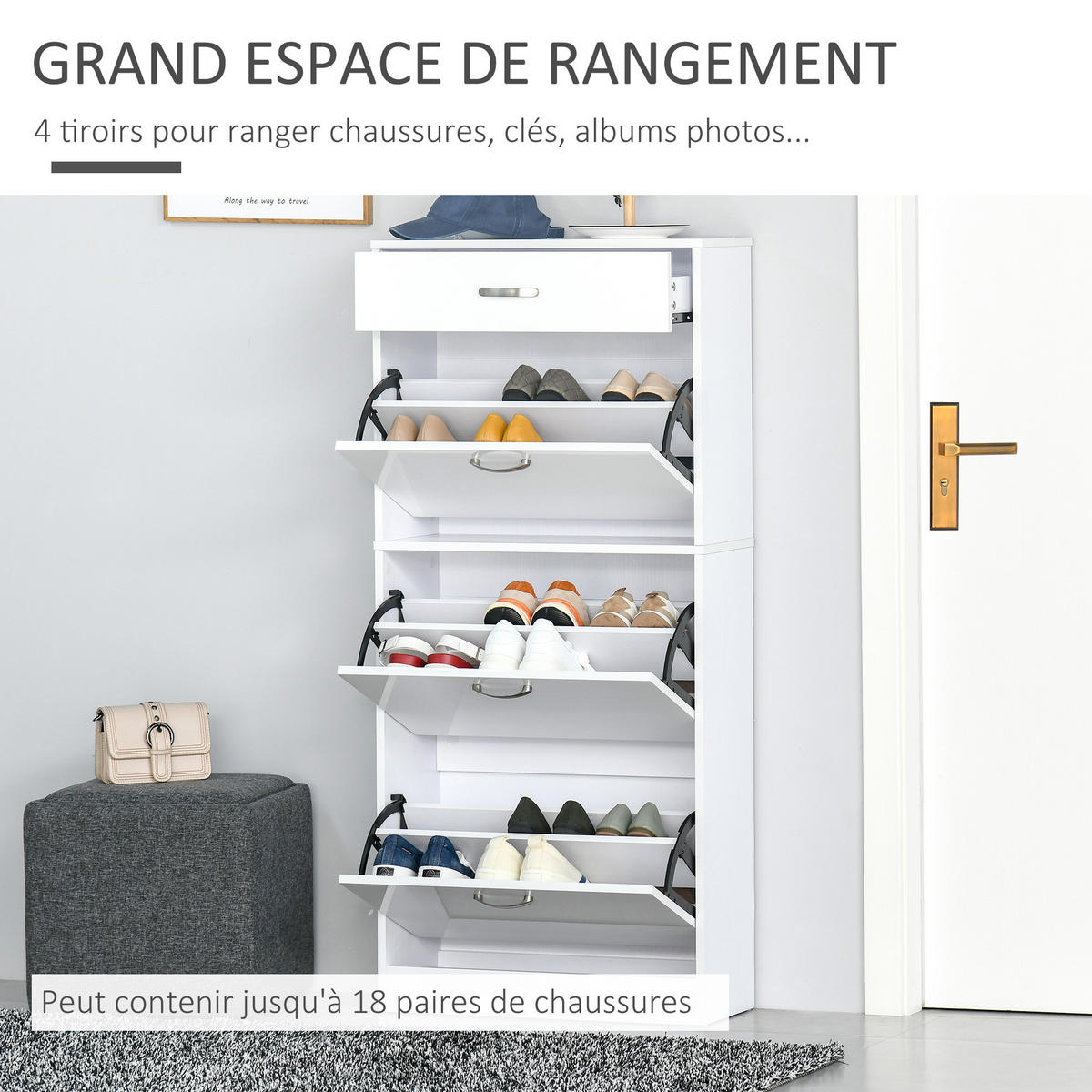 SCHUHSCHRANK DE-14975 3 Klapptüren & Schublade Weiß - Weiß, Holzwerkstoff (62/135/24cm) - ComfortXL