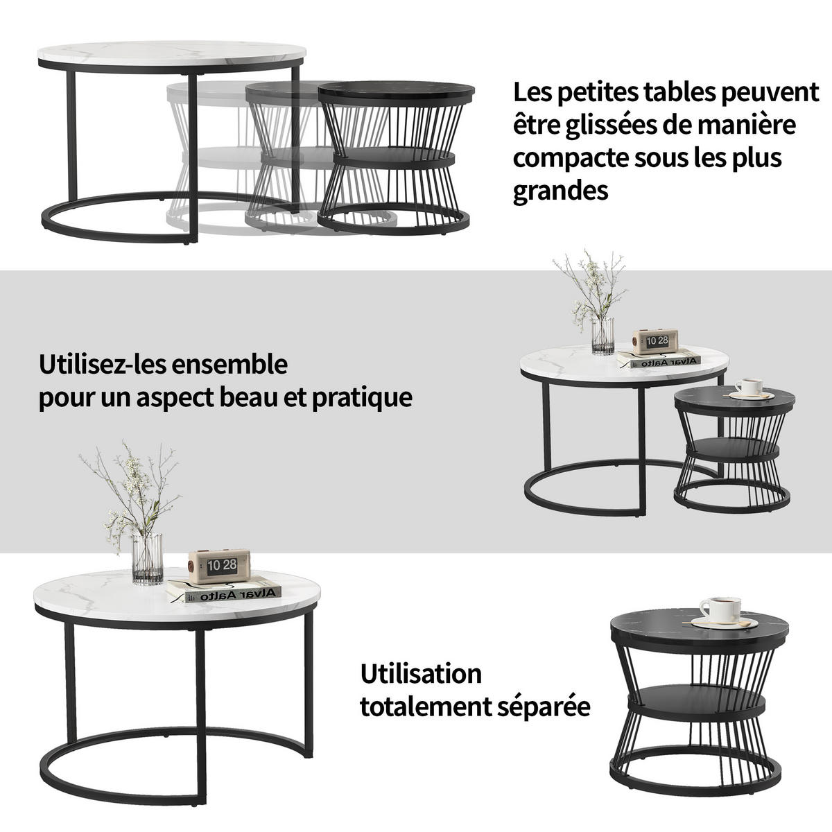 COUCHTISCH 2er Set Beistelltisch Rund, Schwarz/Weiß - Schwarz/Weiß, Metall (70/70/45.5cm)