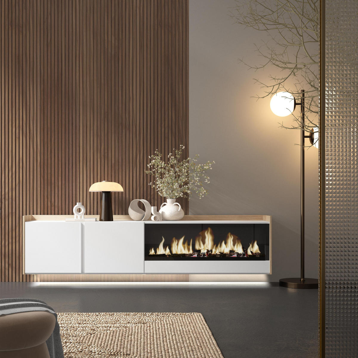 LOWBOARD, Weiß und Eiche, 212/35/50cm, Kamin mit Feuereffekt XXL - Weiß, Holzwerkstoff (212/50/35cm) - Skraut Home