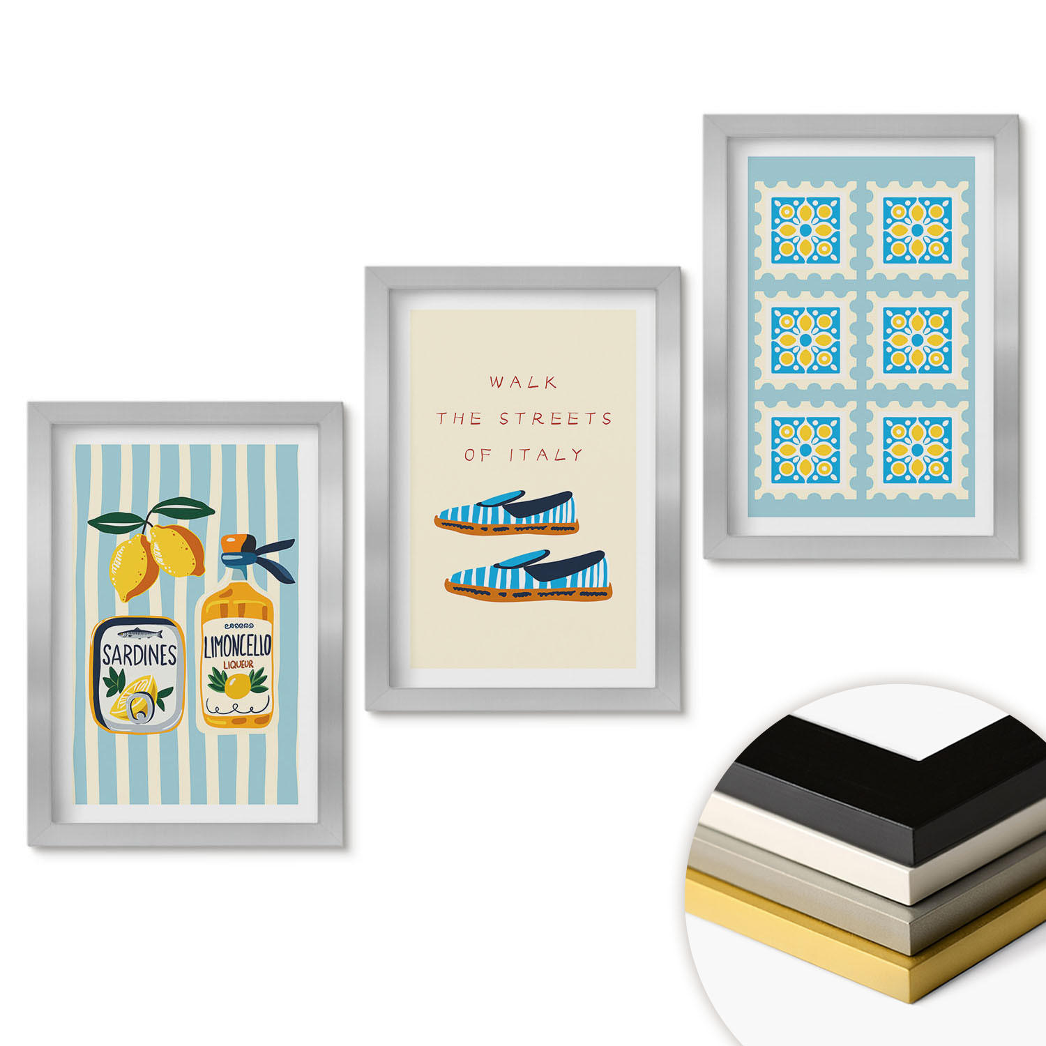 WANDBILDER 3er Set - 20x30 cm Silberner Rahmen - Früchte, Elemente der italienischen Kultur - Silberfarben, Kunststoff (20/30cm) - ArtPrintCave