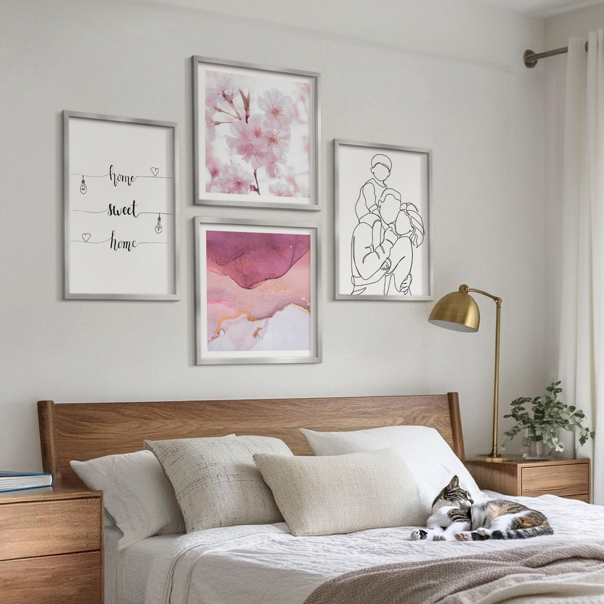 BILDER SET 4er Set - 50x50 cm & 40x60 cm Silberner Rahmen - Blumenfamilie minimalistisch - Silberfarben, Kunststoff (50/50cm) - TULUP