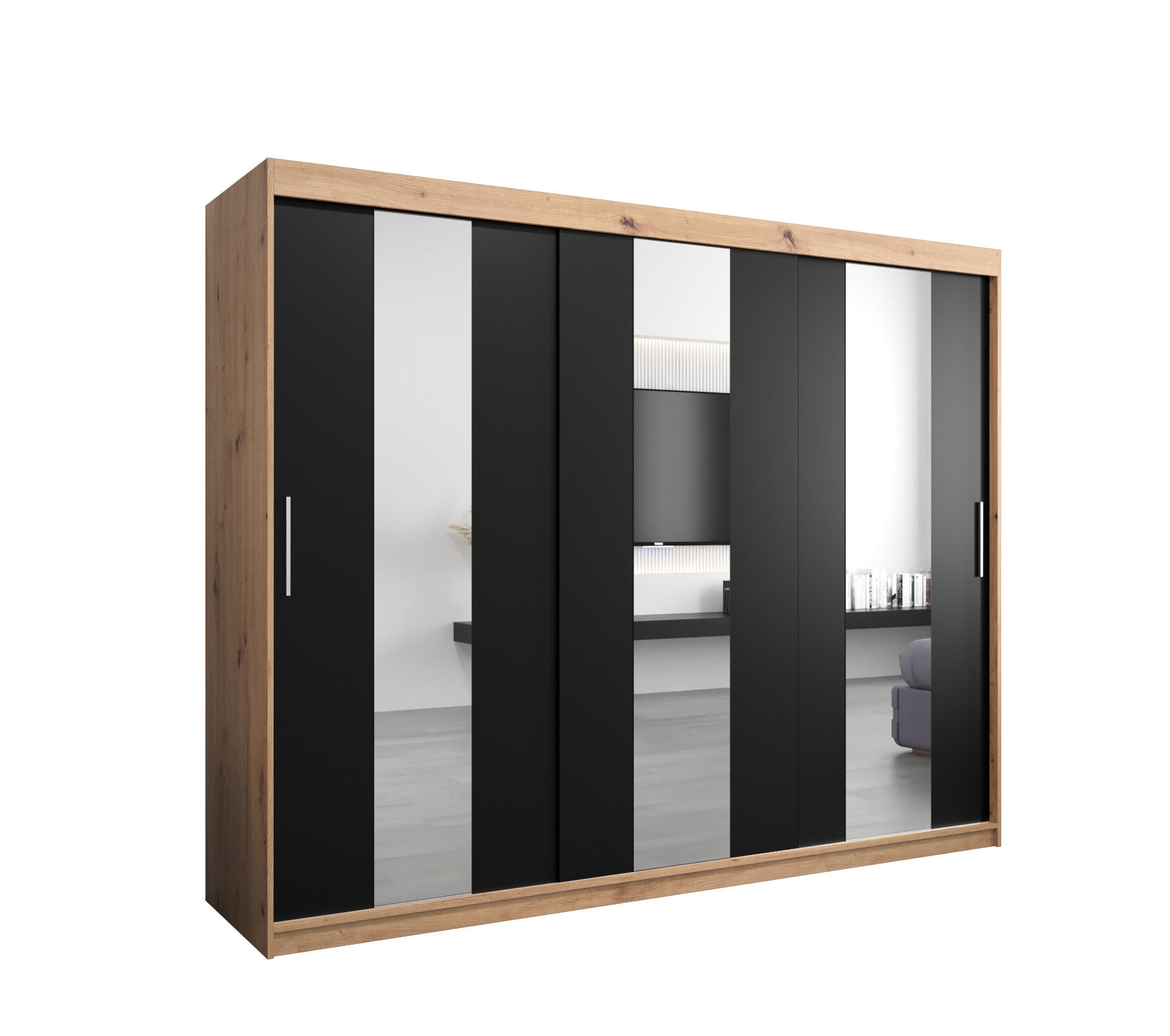 Abiks Möbel Schwebetürenschrank Eiche Artisan, Schwarz 250x200x62 cm