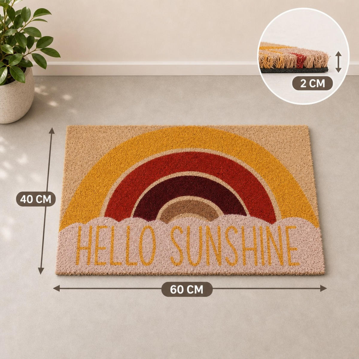 FUSSMATTE Bunt Kokosfaser rutschfest Hello Sunshine 60x40 cm - Multicolor, Kunststoff/Textil (60/40cm) - Relaxdays