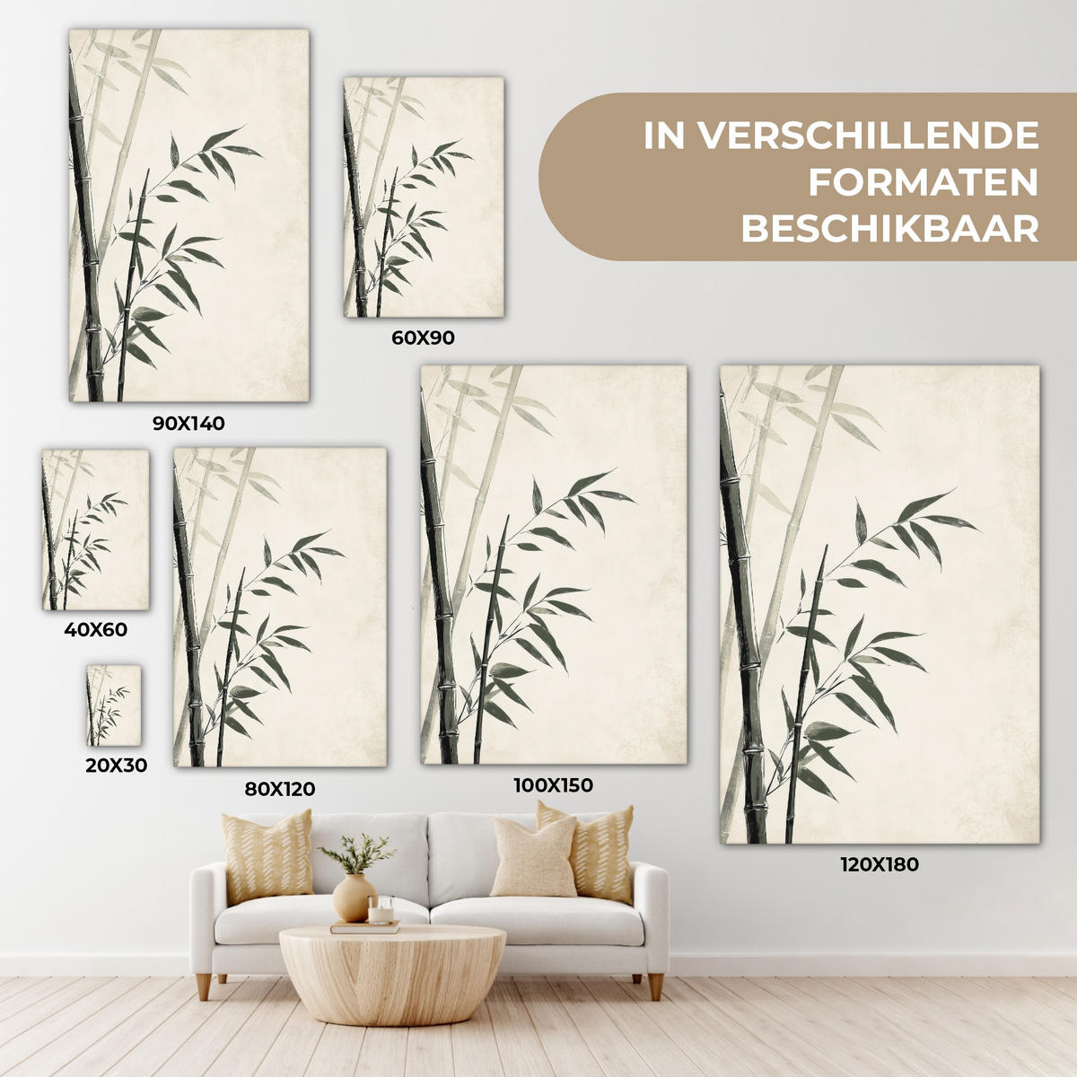 LEINWANDBILD Japandi - Bambus - Beige Wanddeko 40x60 cm - Eukalyptusholzfarben, Textil (40/60cm) - MuchoWow