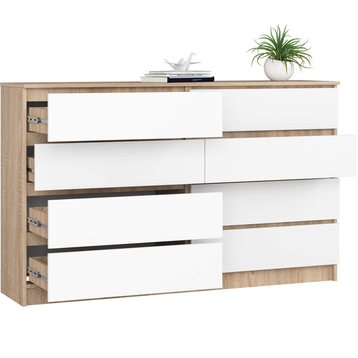 KOMMODE Eiche Sonoma, Weiß 99/160/40 - Weiß, Holzwerkstoff (160/99/40cm) - RAUMHIRSCH FURNITURE