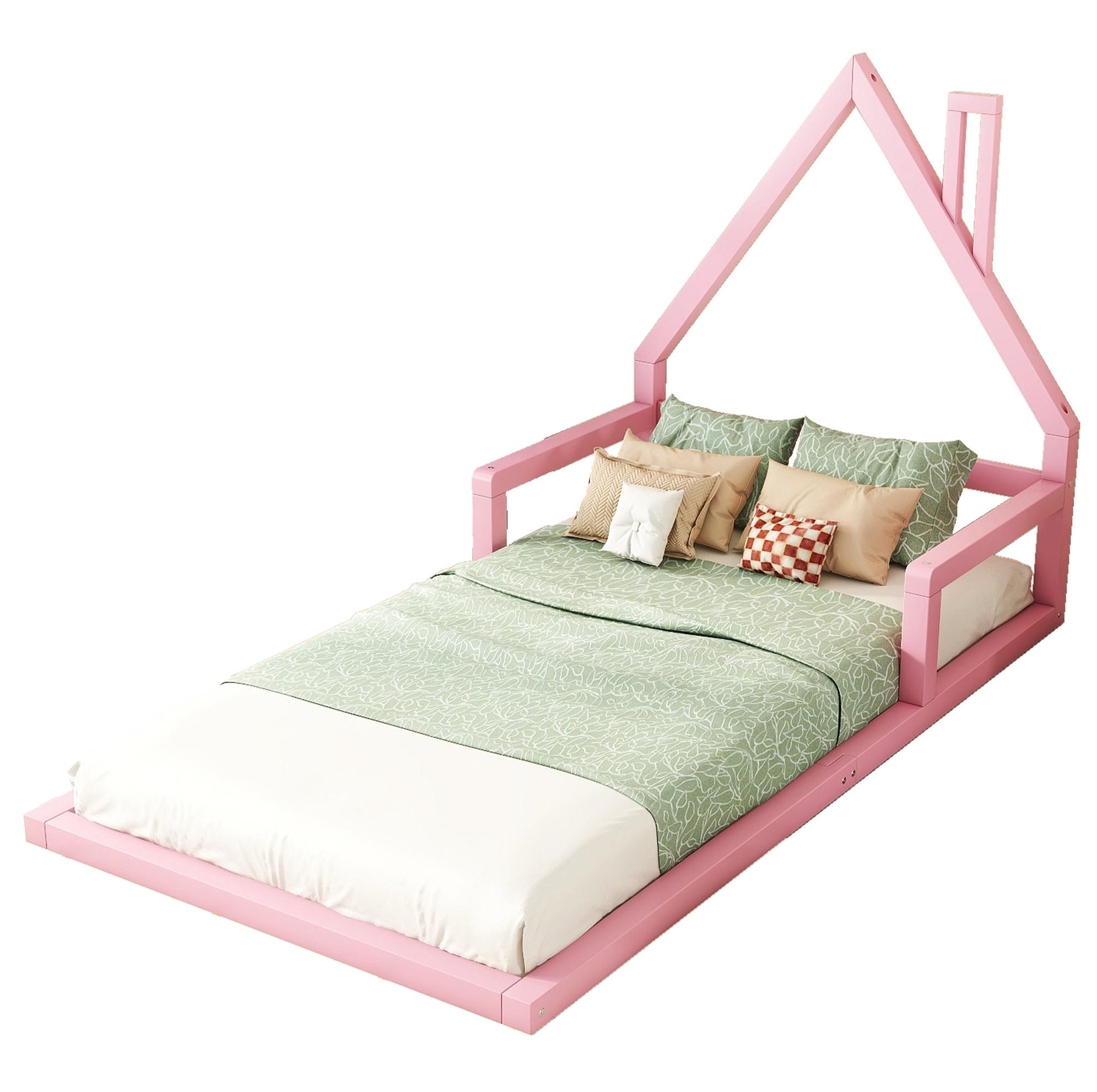 KINDERBETT Kindereinzelbetten 90/200 cm in Hausform aus massivem Kiefer und MDF, stabile Konstruktion, Rosa - Rosa, Holzwerkstoff (90/200cm) - Redom