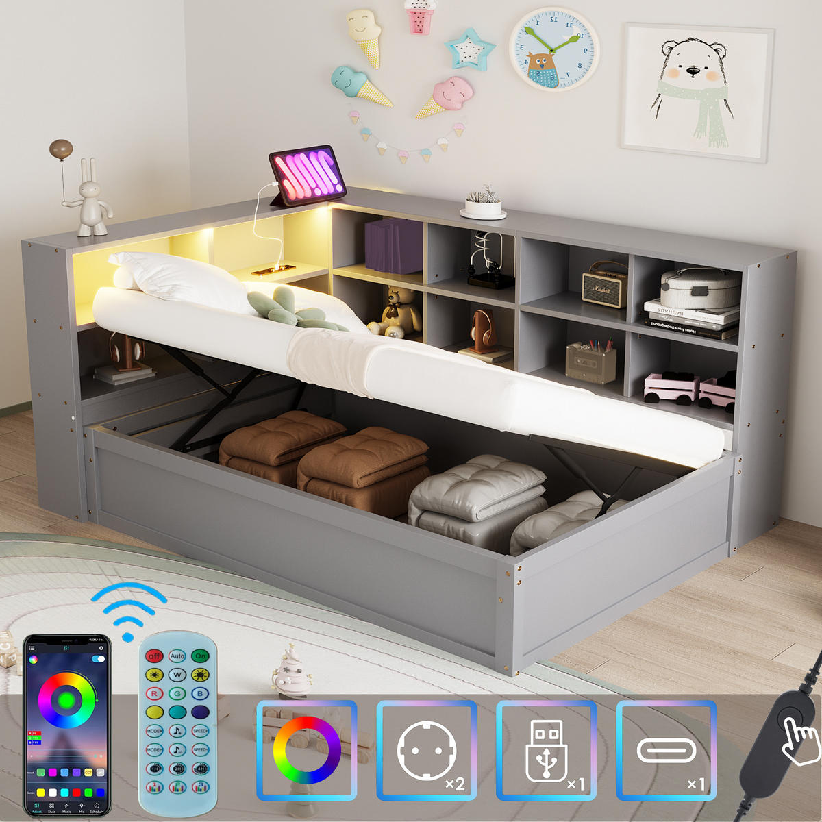 ČALOUNĚNÁ POSTEL 90x200cm Masiv Dřevo LED USB Úložná Šedá - šedá, dřevo (90/200cm) - FLIEKS