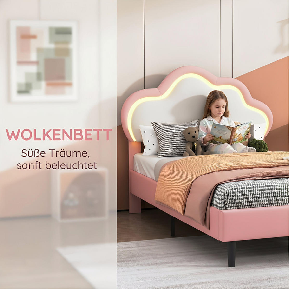 KINDERBETT 90/200 cm rosa mit LED und Wolkenkopfteil - Rosa, Holz - SHOPENTRA