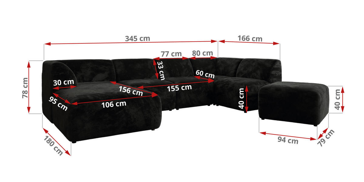 WOHNLANDSCHAFT MODARO U 6M - Schwarz Plüsch - Rechts - Schwarz, Textil (345/78/180cm) - MKS