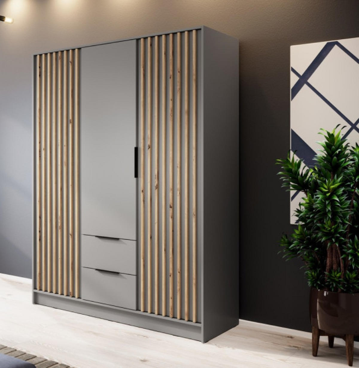 SCHRANK Grau KELLY Dreitürig Mit Lamellen 155 cm Mit Regalen - Grau, Holzwerkstoff (155/200/51cm) - Sepro Meble