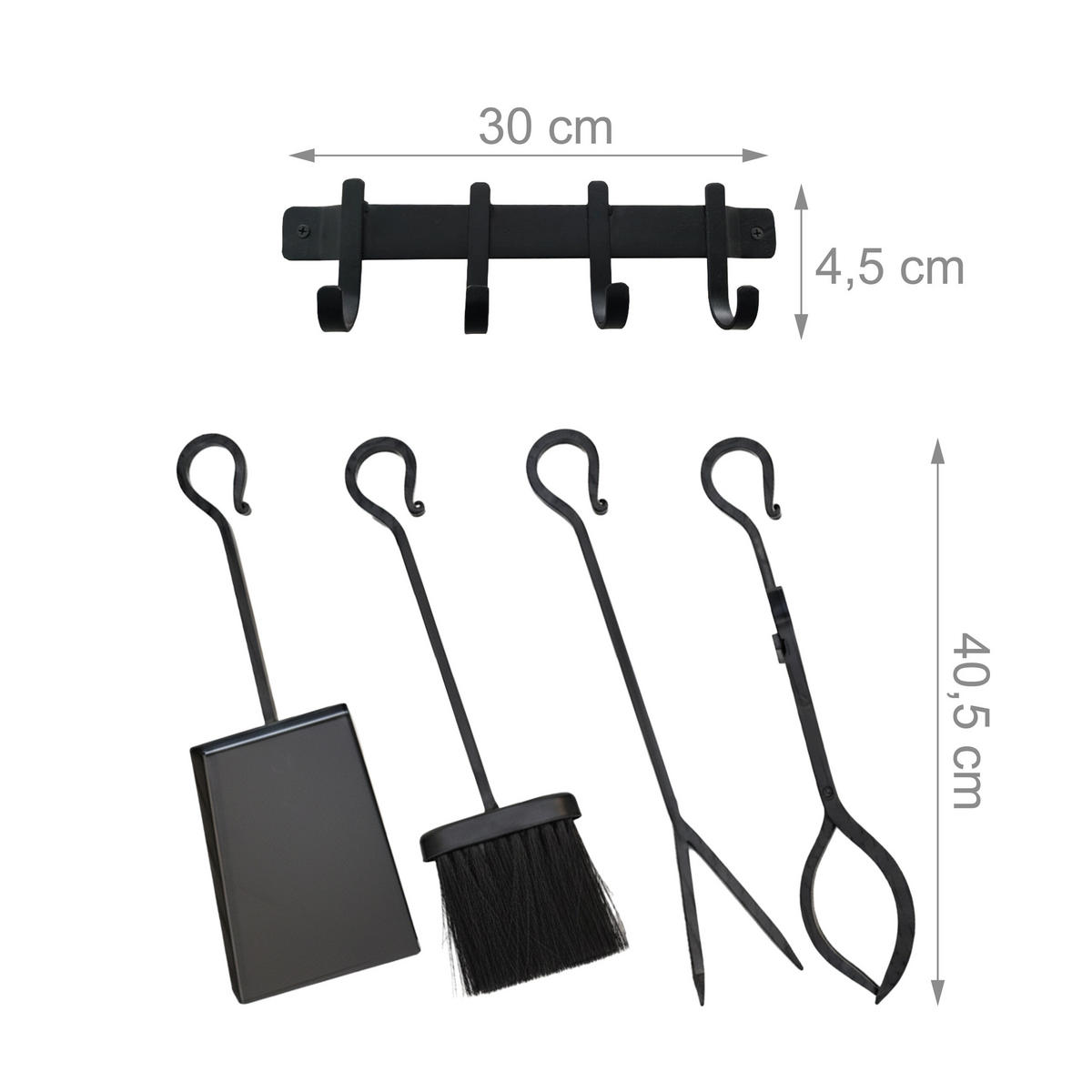 KAMINBESTECK Schwarz 5-teiliges-Set - Schwarz, Metall (30/45/10.5cm) - Relaxdays