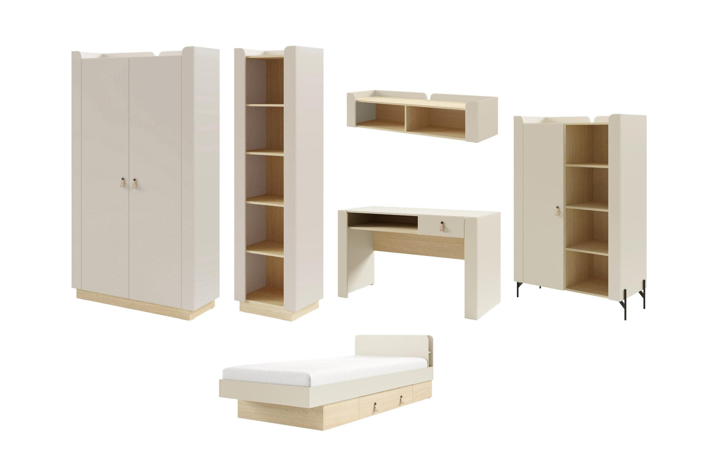 JUGENDZIMMER SOVI B 6-teilig in Porcini / Eiche Mavelie - Eichefarben/Beige, Holzwerkstoff (479/201/218cm) - Deine Möbel 24