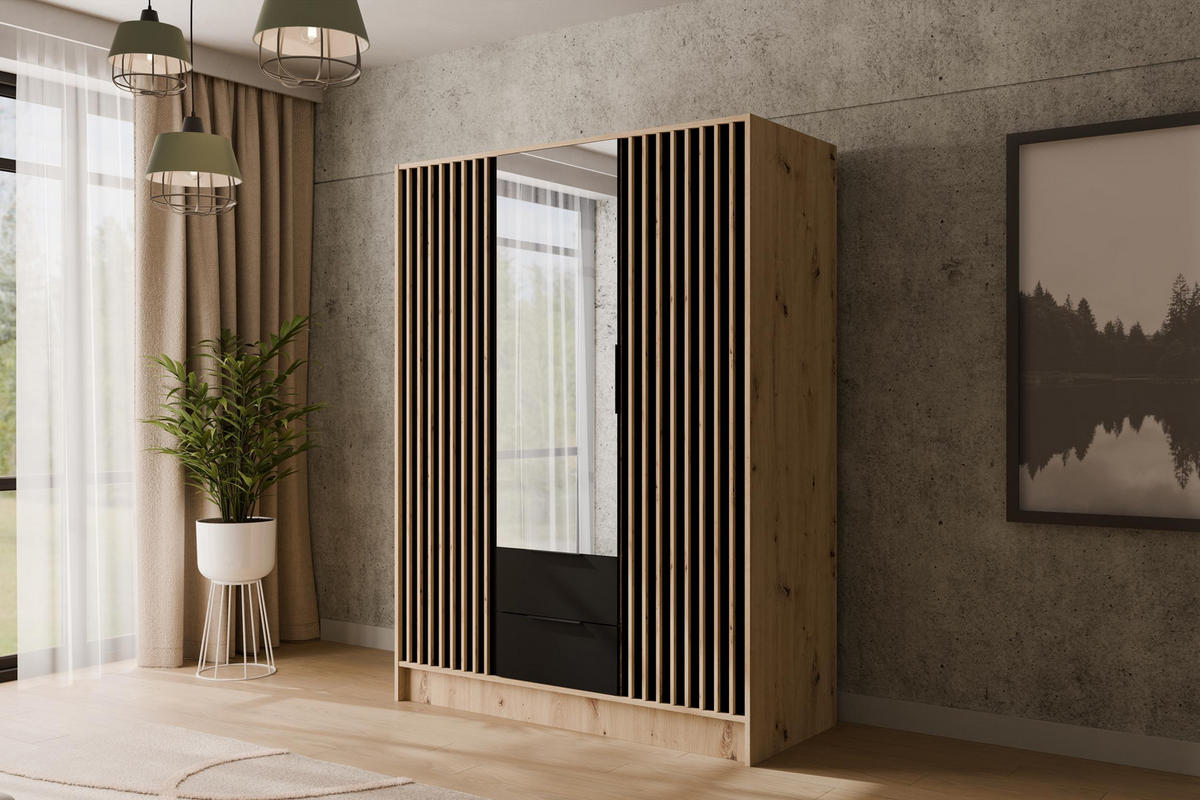 KLEIDERSCHRANK NELIA - 150 cm - Schwarz/Eiche Artisan, Holzwerkstoff (150/200/51cm) - ALTDECOR