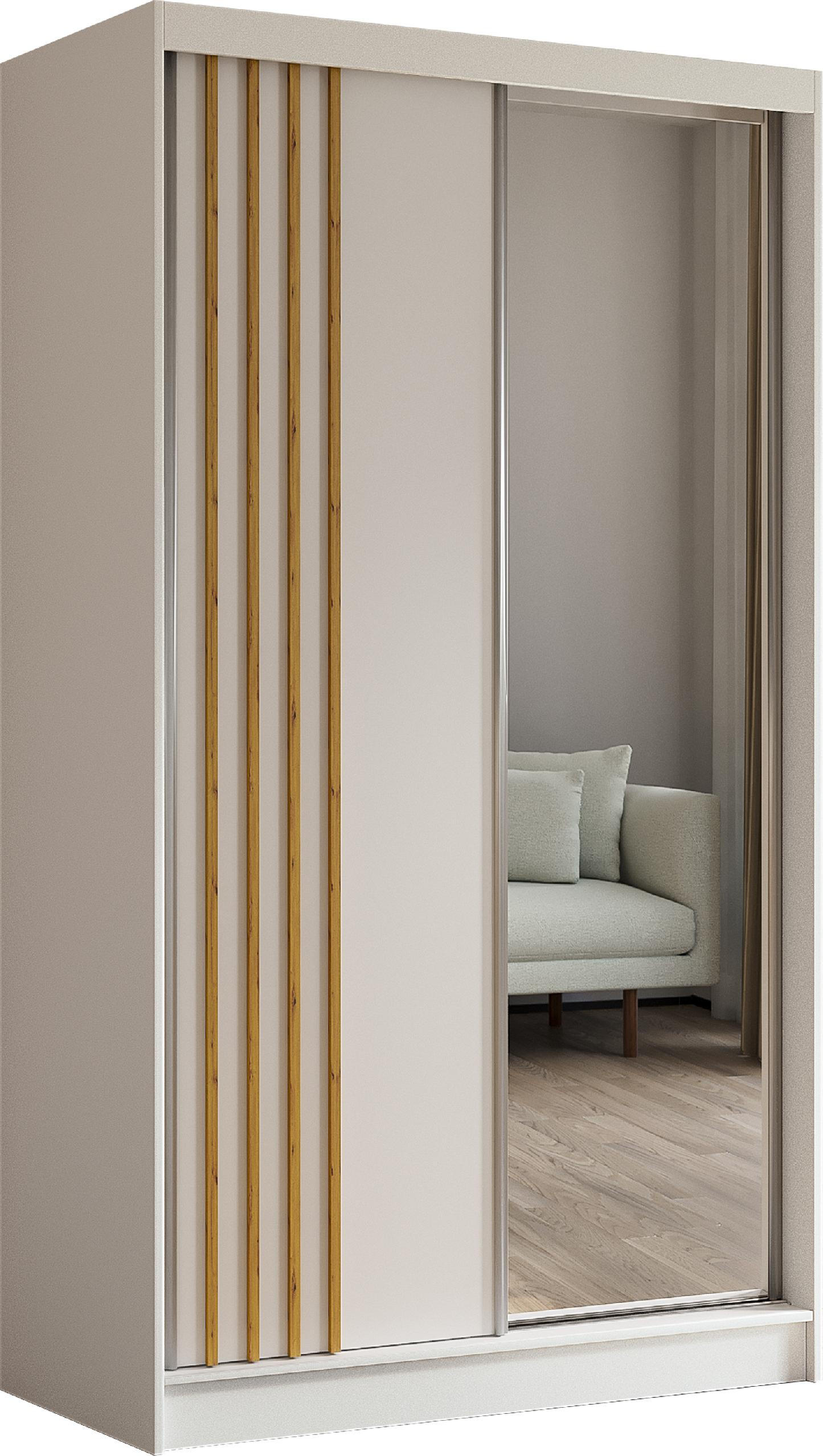 SCHWEBETÜRENSCHRANK Neli 120 cm mit Lamellen und Spiegel 2-türig, weiß, weiß, Lamelle Artisan - Weiß/Braun, Kunststoff (120/216/61cm) - Margaret Hadas24