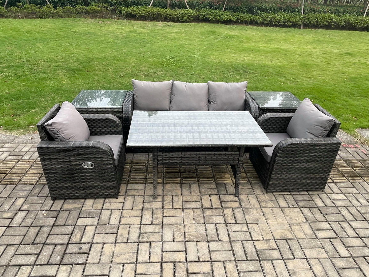 GARTENSET mit 3-Sitzer-Sofa,Beistelltischen,Esstisch Polyrattan 5-Sitzer - Dunkelgrau/Grau, Glas/Kunststoff - Fimous
