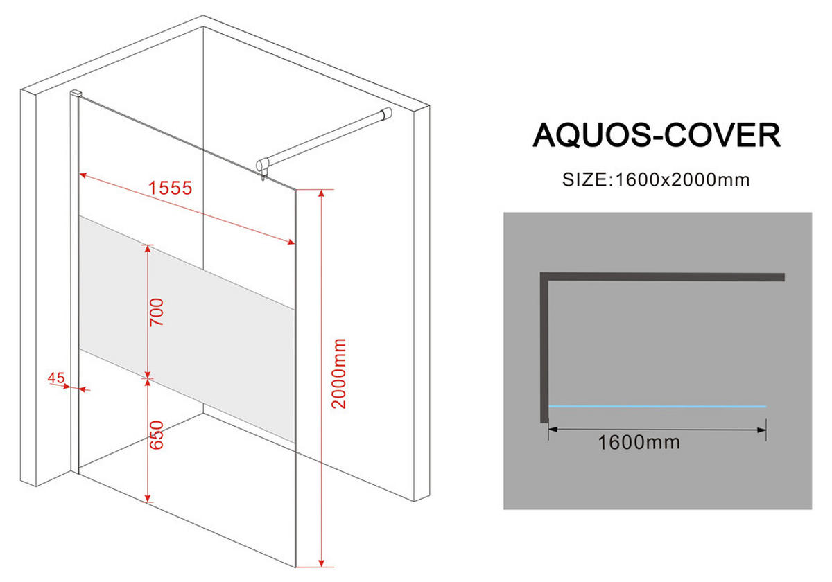 DUSCHWAND AQUOS-COVER Klar 160 x 200 cm teilsatiniert 10 mm ESG - Klar, Glas (160/200cm) - Glasdeals