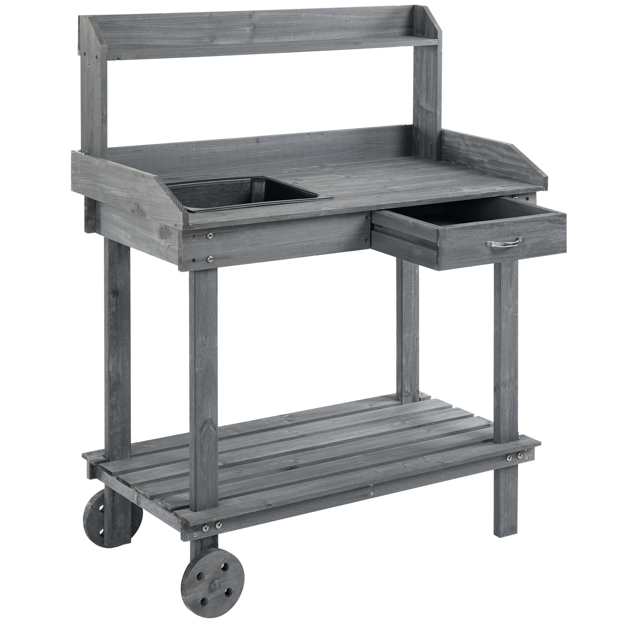 PFLANZTISCH mit Schublade, Gärtnertisch mit Waschbecken und Rollen, Tannenholz, Grau - Grau, Holz (92/45/119cm) - Outsunny