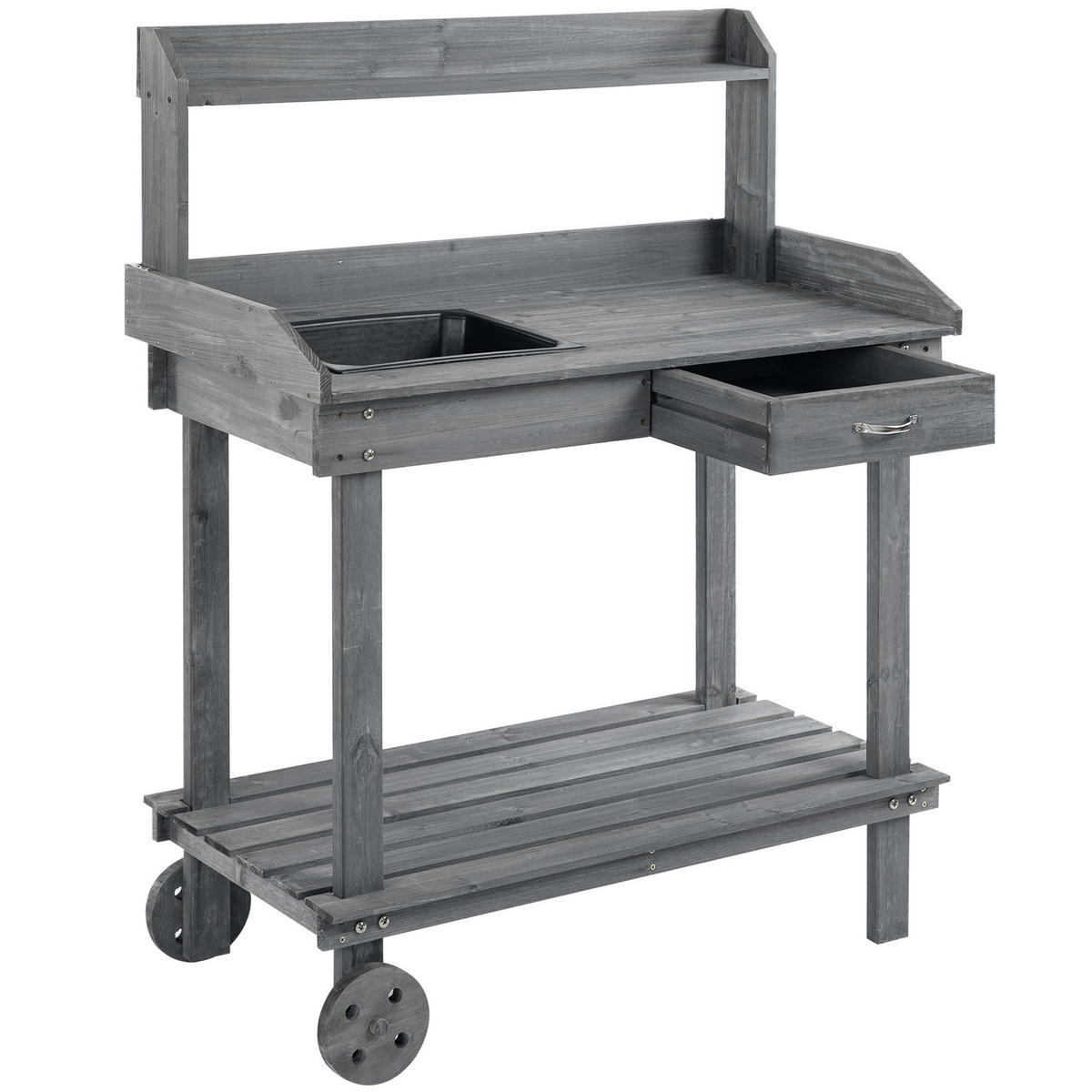 PFLANZTISCH mit Schublade, Gärtnertisch mit Waschbecken und Rollen, Tannenholz, Grau - Grau, Holz (92/45/119cm) - Outsunny