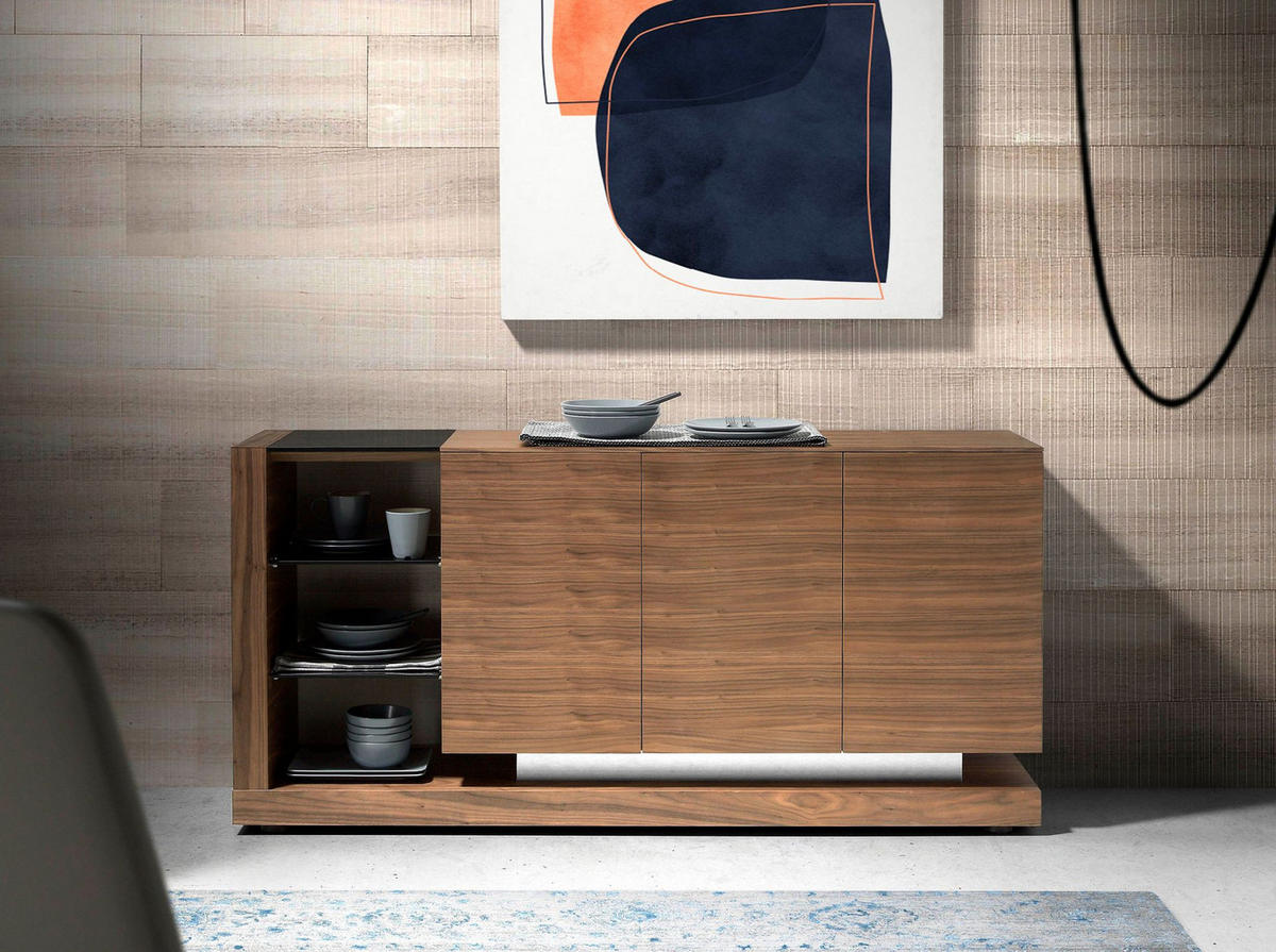 SIDEBOARD Sideboard Nussbaum, gebürsteter Stahl und schwarze Glasplatte 170/40/83 cm - Walnussfarben/Schwarz, Holz (170/83/40cm) - ANGEL CERDA