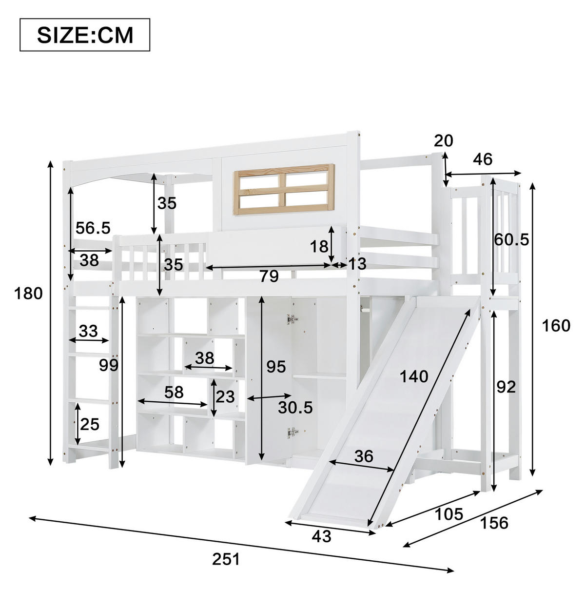 PALANDA 90/200 cm se skluzavkou, šatní skříní, policemi a 4stupňovým žebříkem z masivu a MDF, Bílá/přírodní - bílá, kompozitní dřevo (90/200cm) - Redom