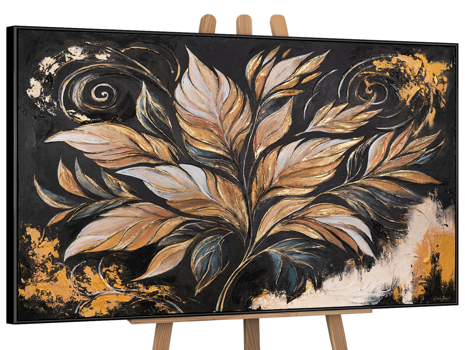 GEMÄLDE Goldene Blätter Schattenfugenrahmen Schwarz 120x80 cm - Schwarz, Holz (120/80cm) - YS-art gallery
