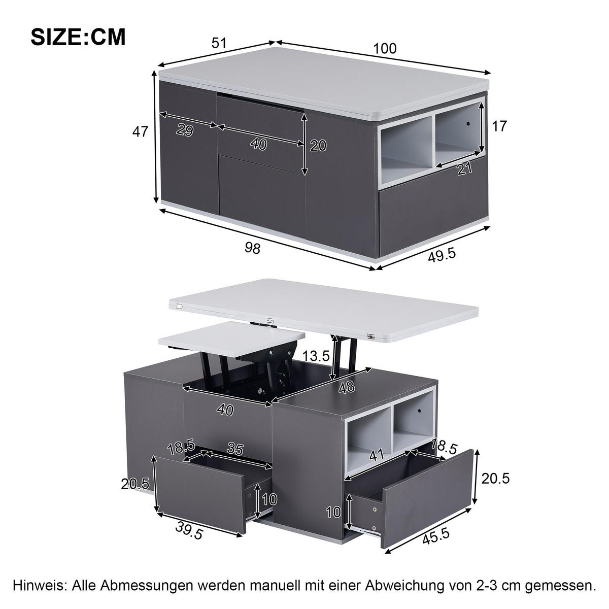 COUCHTISCH Schwarz und Grau 100/51/47 cm - Schwarz, Holzwerkstoff/Metall (100/51/47cm) - Urban Meuble