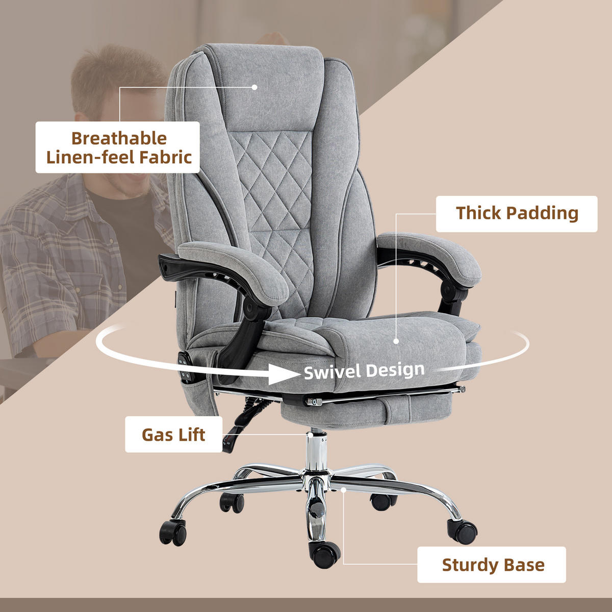 BÜROSTUHL mit Vibrtationsmassage, Ergonomischer Schreibtischstuhl mit Heizung - Grau, Metall (67/119/72cm) - Vinsetto