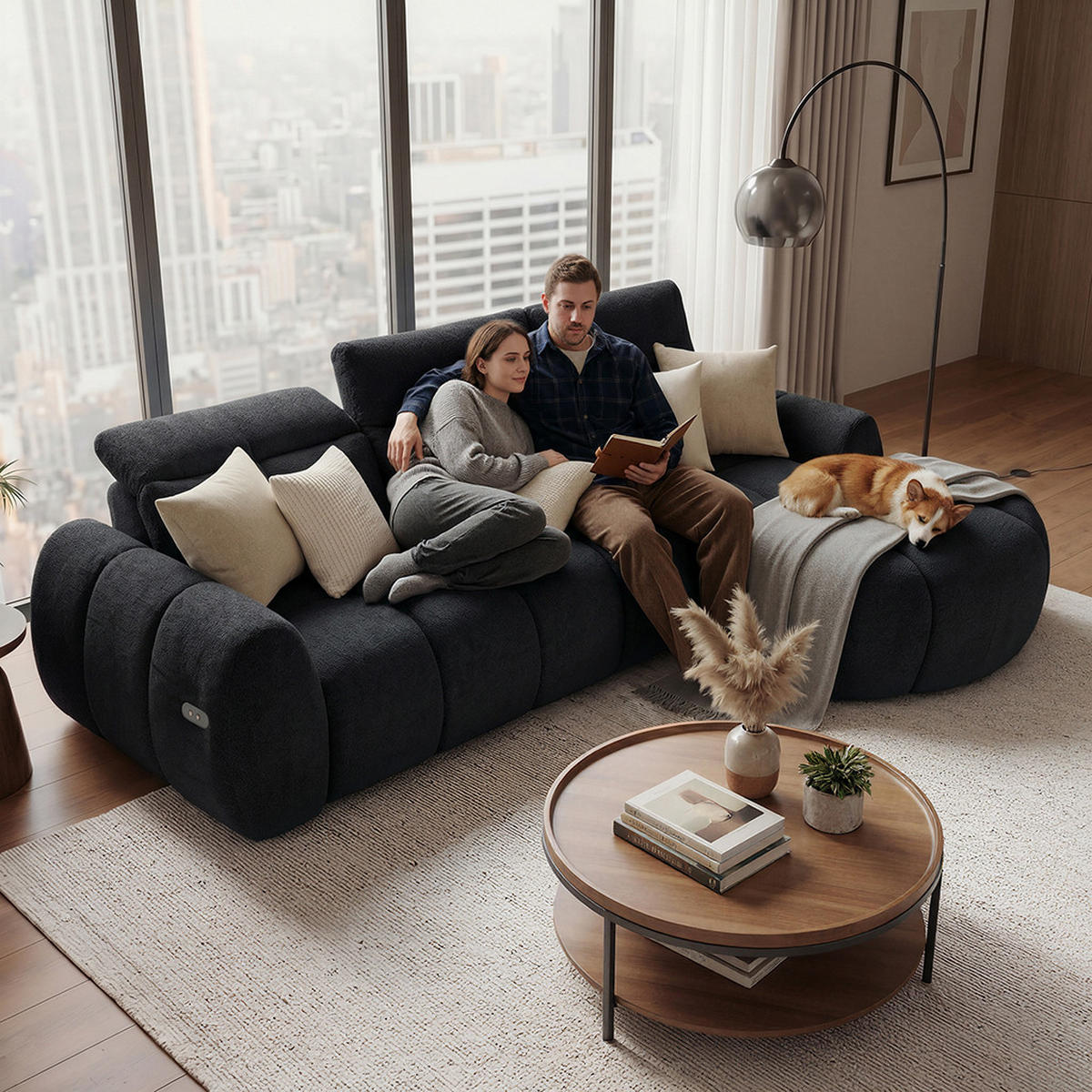 ECKSOFA Sorel Mini mit Automatisch verstellbarer Sitztiefe und Kopfstützen, rechts, Schwarz - Schwarz, Textil (275/190cm) - Beautysofa