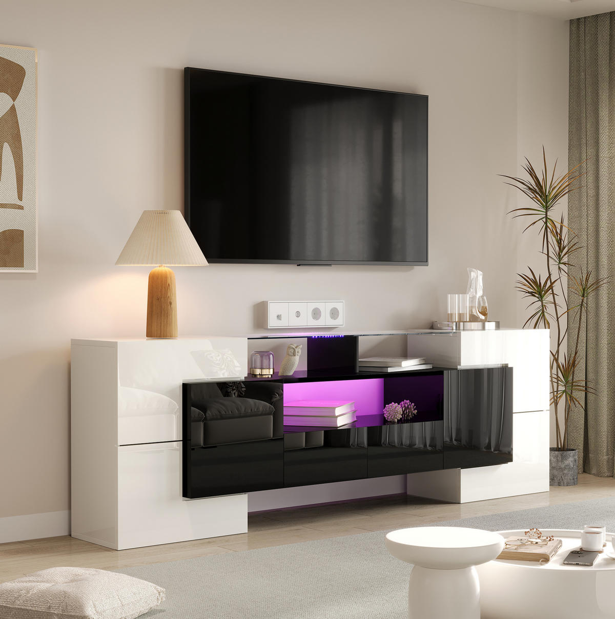 TV-ELEMENT mit LED 200 x 35 x 60 cm Weiß Schwarz - Schwarz, Holzwerkstoff (35/60/200cm) - Beauniv
