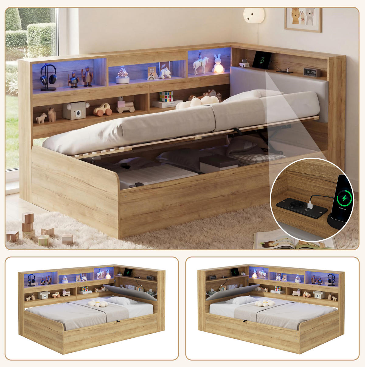 KINDERBETT 90/200 cm aus MDF und PU mit LED-Beleuchtung und USB-Ladestation Naturfarben - Naturfarben, Holzwerkstoff (90/200cm) - Modenvie
