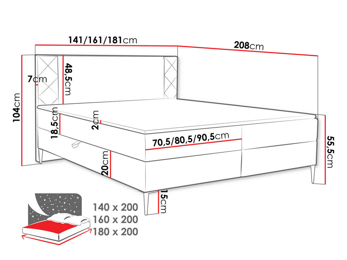 BOXBETT Portes - H3 - Schwarz, Holzwerkstoff/Textil (140/200cm) - MIRJAN24