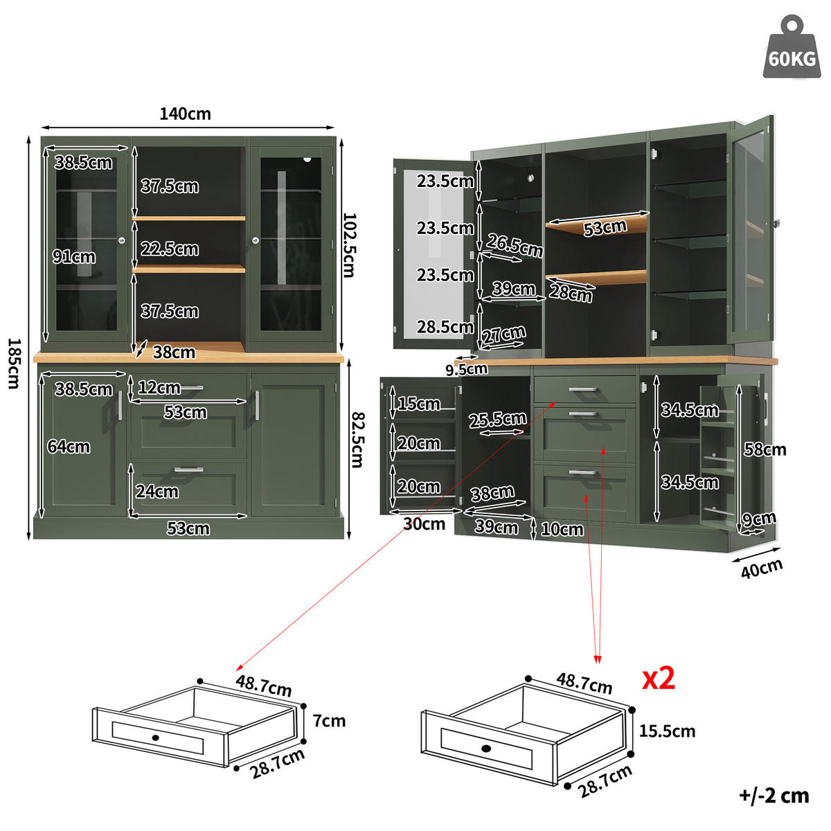 KÜCHENSCHRANK LED App 185x140x40Cm Arbeitsplatte - Grün, Holzwerkstoff (140/185/40cm) - FLIEKS
