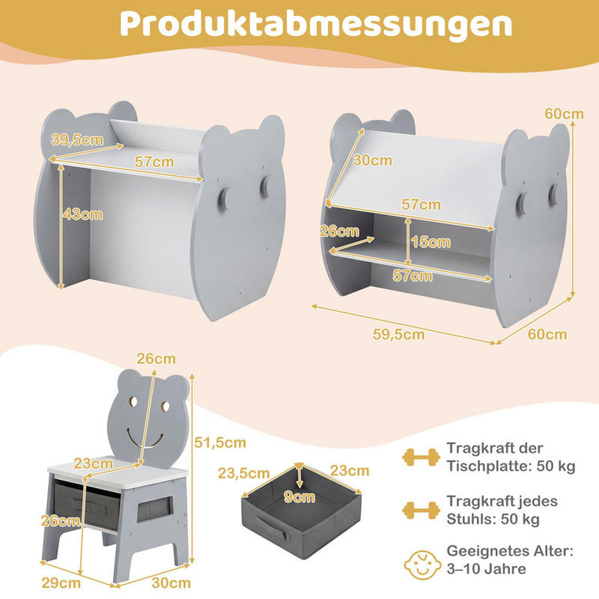 KINDERTISCH mit stuhl grau(2-tlg) - Grau, Holzwerkstoff (59.5/60/60cm) - COSTWAY