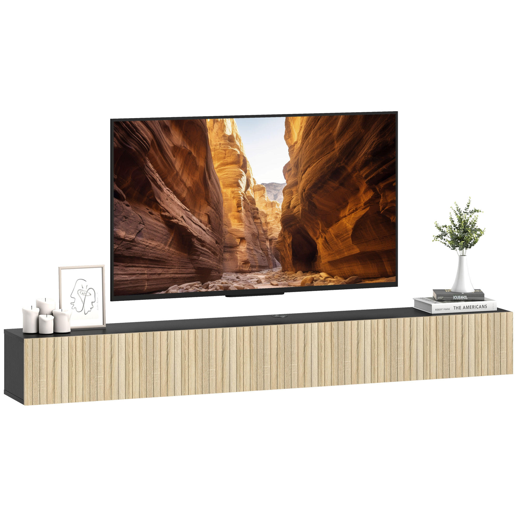 TV-BOARD Naturfarben/Schwarz 140/25/22 cm, Wandmontage, 2 Klappen, Grifflos - Naturfarben, Holzwerkstoff (140/22/25cm) - PANGIVO