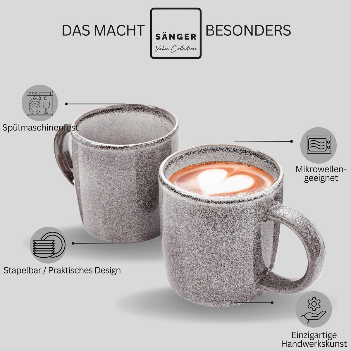KAFFEEBECHER SET KAIRO MONDGRAU - 4 teilig aus Steingut - Dunkelgrau, Keramik (0.4L) - Sänger