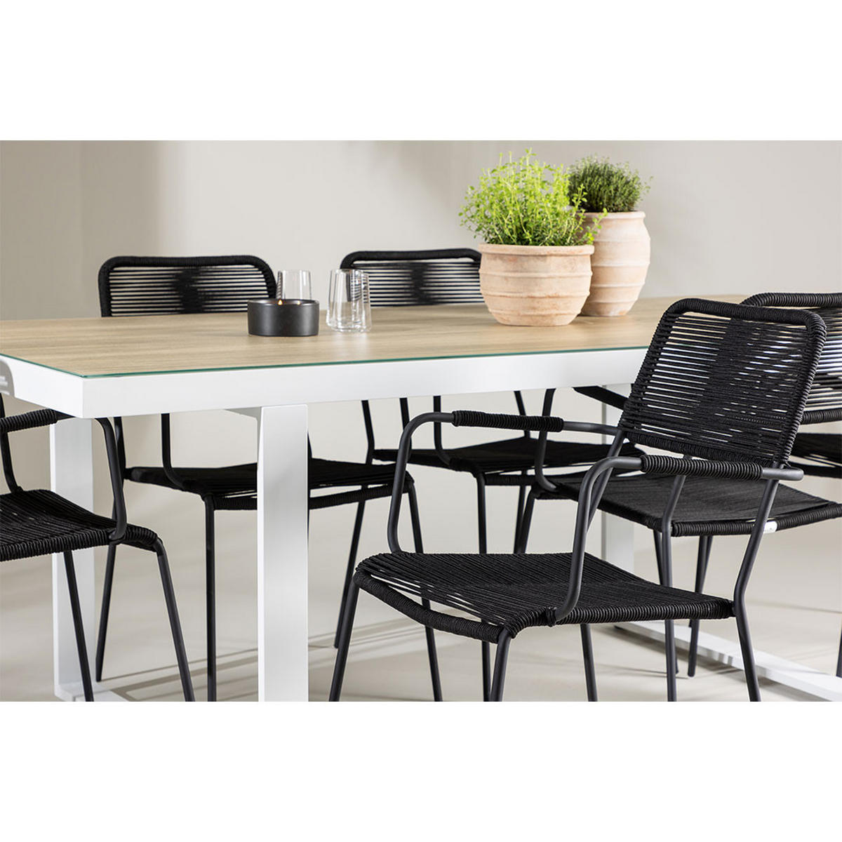 GARTENSET, Merlo, Tisch Weiß, Stühle Schwarz, Metall / Polyester, 90 x 200 x 75 cm, 7-teilig - Weiß, Metall - ebuy24