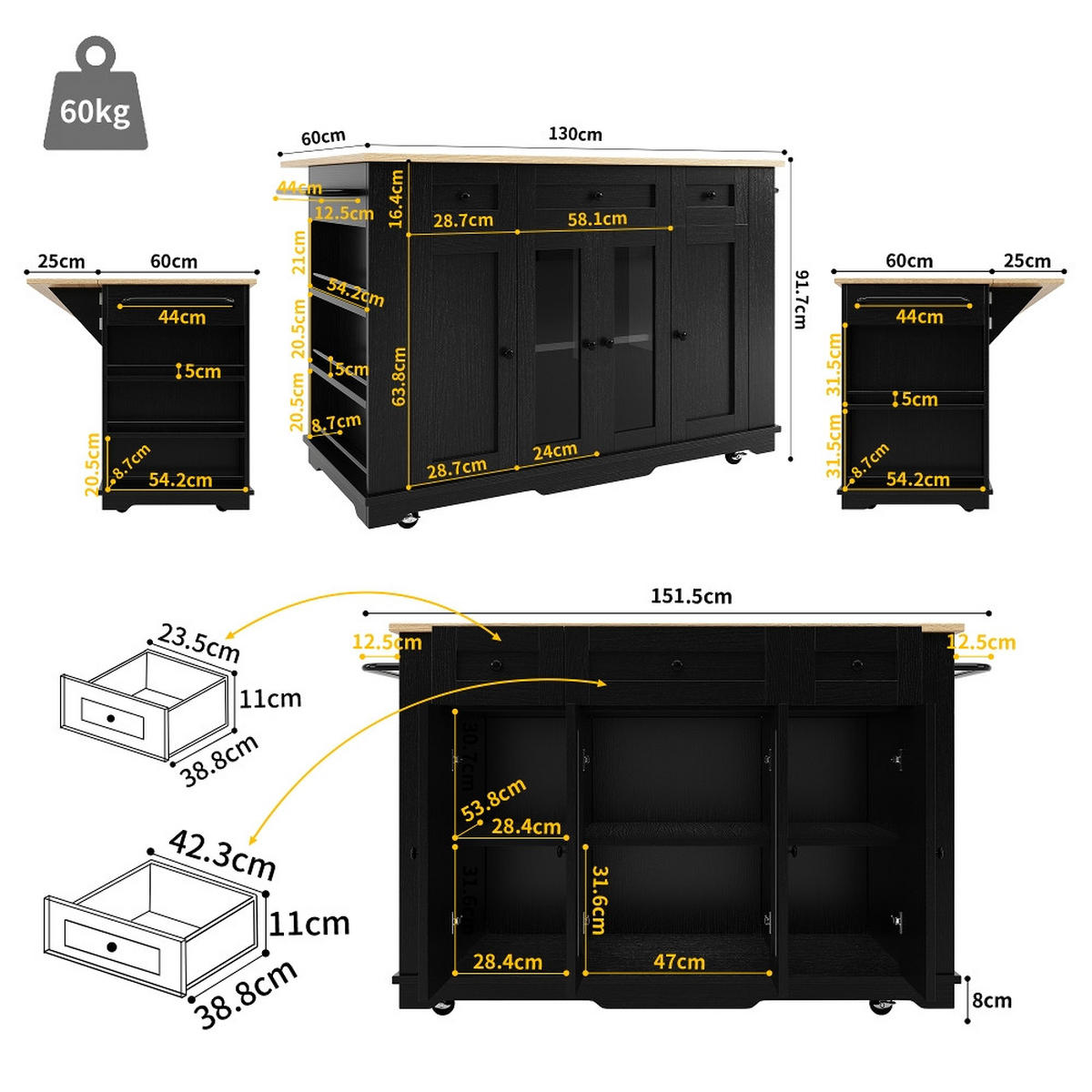 KÜCHENINSEL Klappbare Arbeitsplatte, Buffetschrank mit Glastüren, Schwarz-Holzmaserung, Küche, 151,5/85/91,7 cm - Schwarz, Kunststoff (60/91.7/151.5cm) - Rolipo