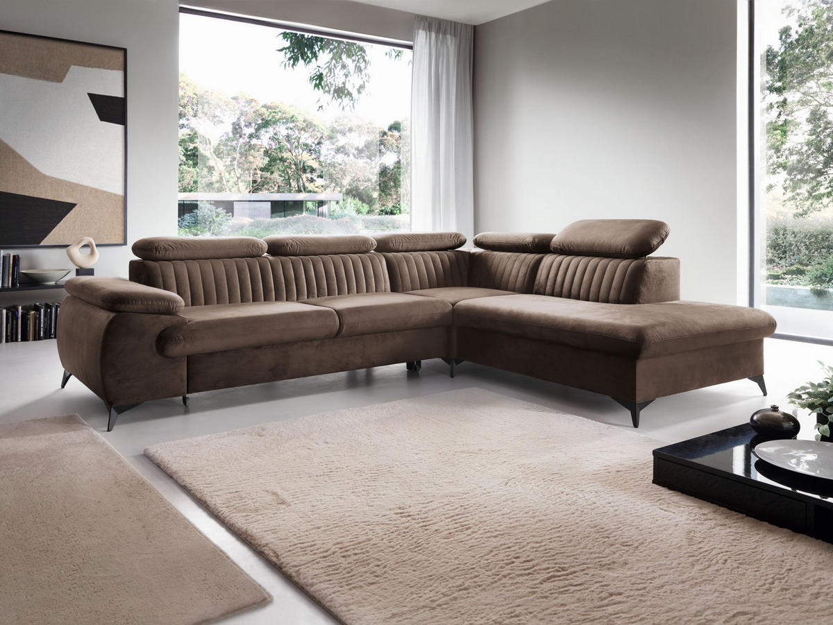 ECKSOFA FIORE Braun Velours-Stoff mit Schlaffunktion - Braun, Holz (275/221cm) - MASSENO