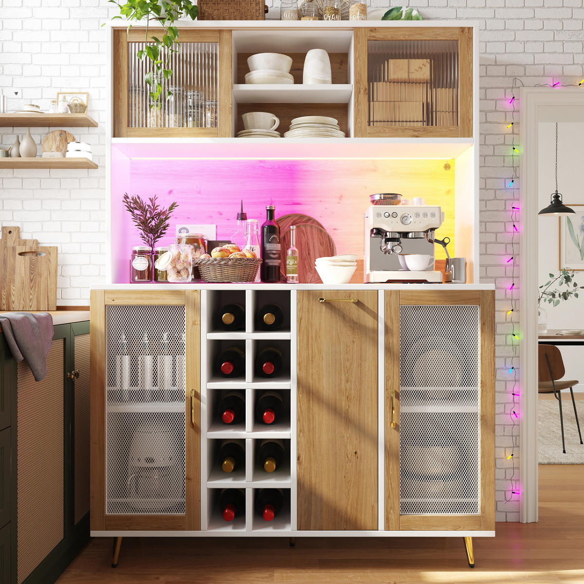 BUFFETSCHRANK 120/40/170 cm Weiß/Holzdekor aus MDF mit LED und Steckdose - Weiß, Holzwerkstoff (120/170/40cm) - OKWISH