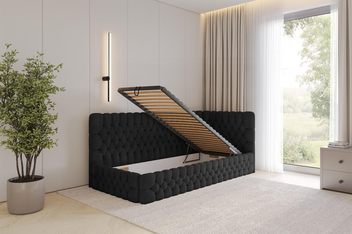 EINZELLBETT Jugendbett mit Bettkasten, Links - MULY 90x200 Schwarz - Schwarz, Holzwerkstoff/Textil (90/200cm) - ALTDECOR