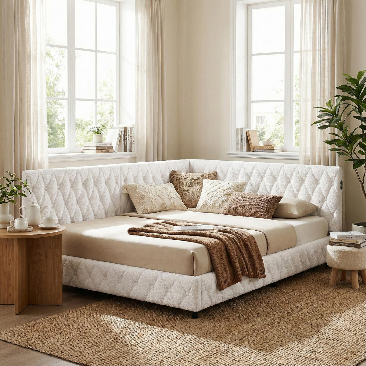 POLSTERBETT Modern 140/200 cm mit L-Eckpolsterung & LED Teddy-Plüsch Beige - Beige, Textil (140/200cm) - Creahappy