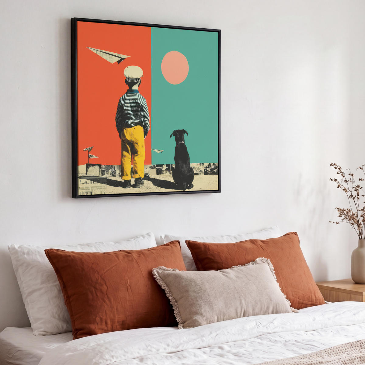 LEINWAND Bilder mit Rahmen - Retro - Junge - Hund - Rot - Grün - 50x50 - Orange, Textil (50/50cm) - MuchoWow