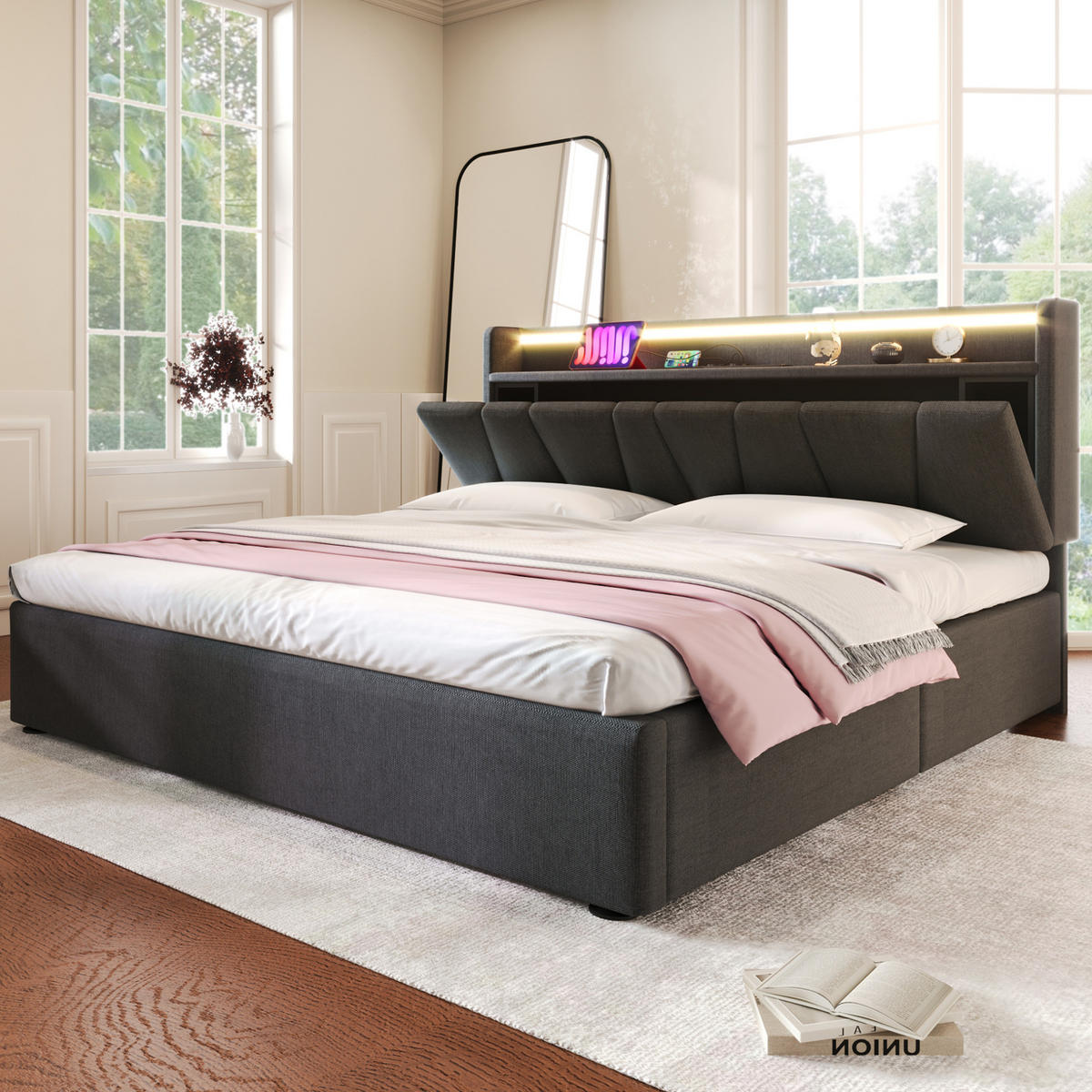 POLSTERBETT 140/200 cm mit Bettkasten, USB/Type-C & LED-App, grau - Grau, Textil (140/200cm) - Redom