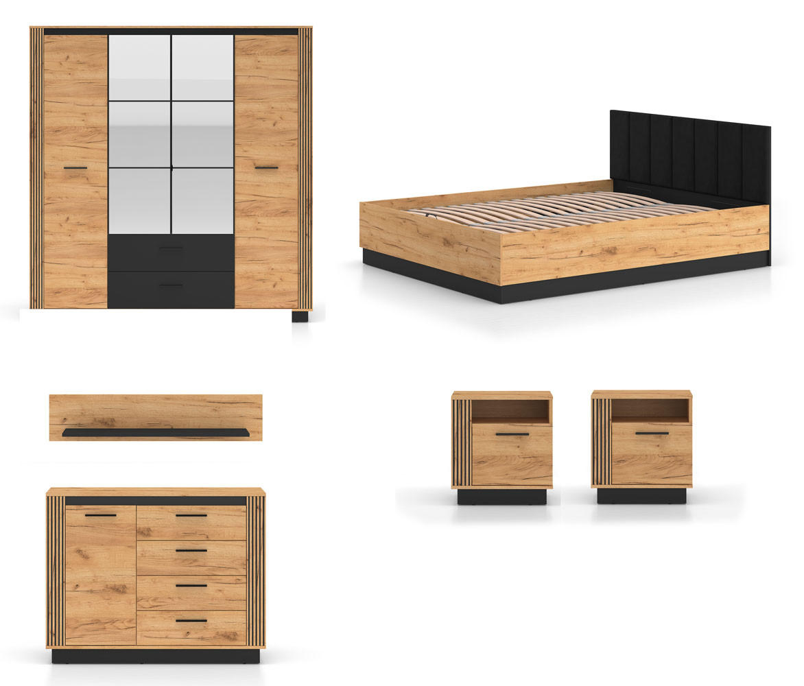 SCHLAFZIMMER-SET 6-teilig Urso Gold Craft Eiche / Schwarz - Schwarz/Braun, Holz/Holzwerkstoff (160/200cm) - Feldmann-Wohnen