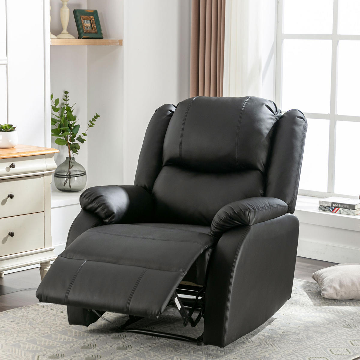 RELAXSESSEL mit Liegefunktion PU Leder Seitentasche 80/90/100 cm - Schwarz, Textil (80/100/90cm) - EVRYAE