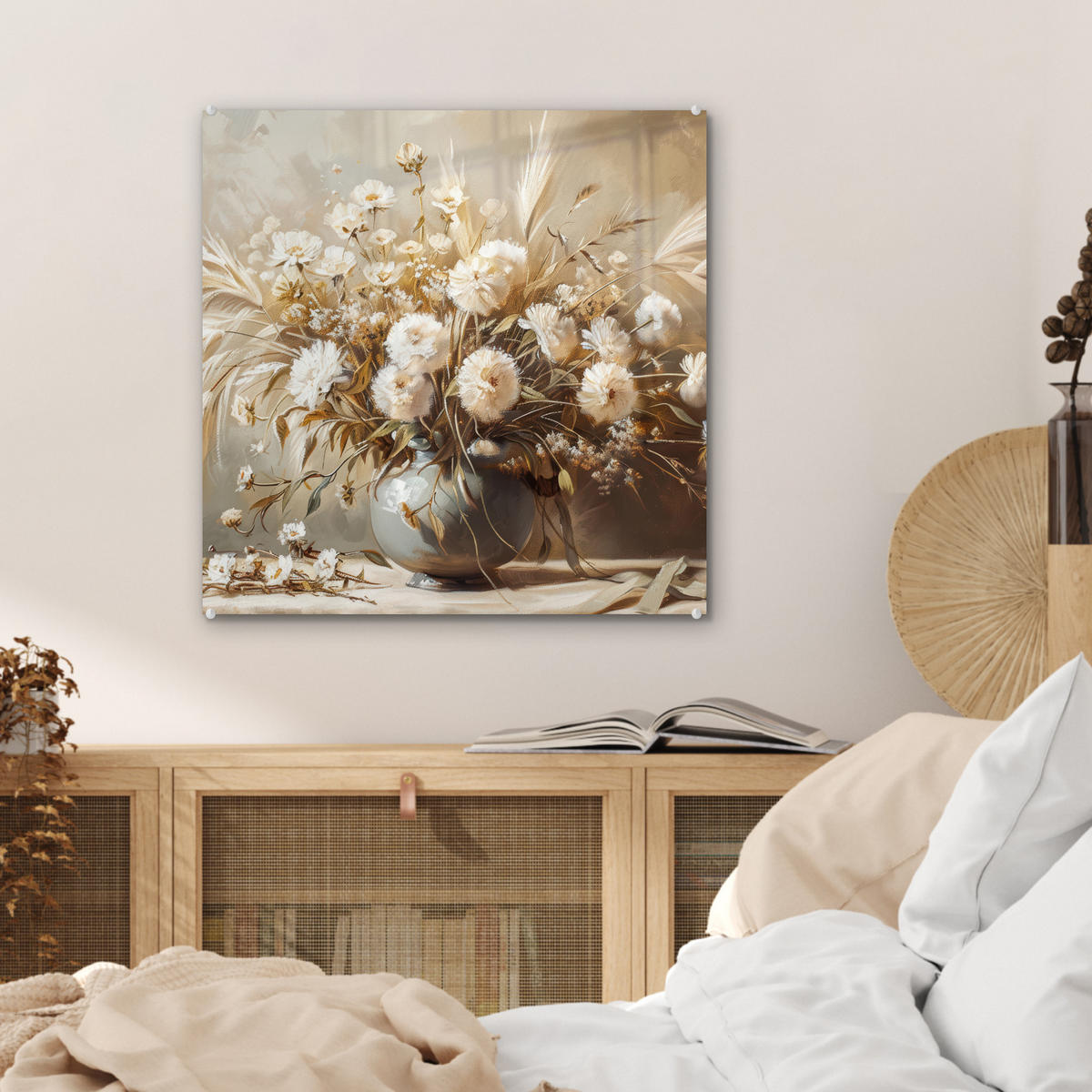 ACRYLGLASBILD Blumen - Vase - Stilleben - Beige 50x50 cm - Creme, Glas (50/50cm) - MuchoWow
